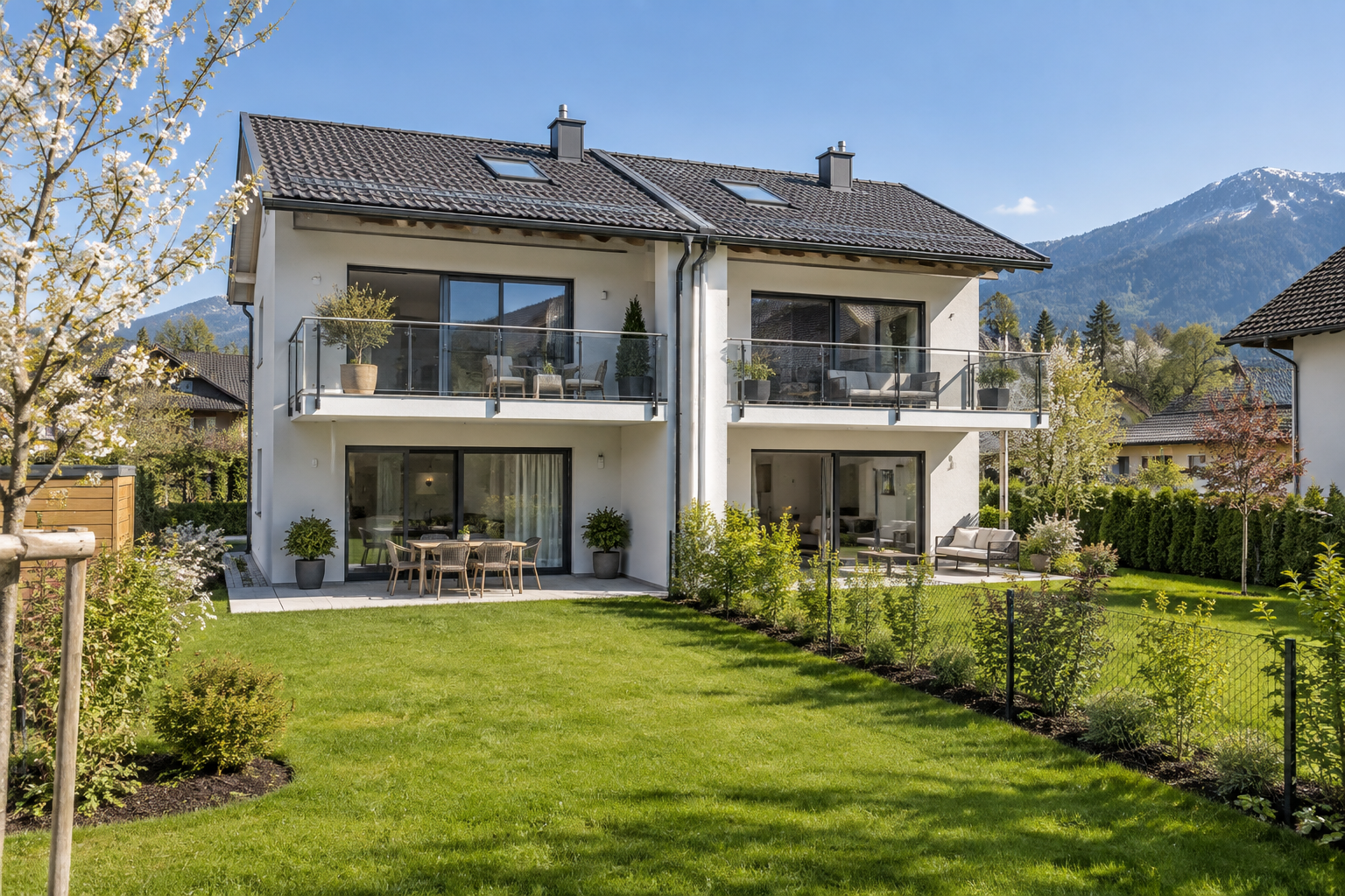 Vollständig sichtbares Doppelhaus mit Garten und Balkonen